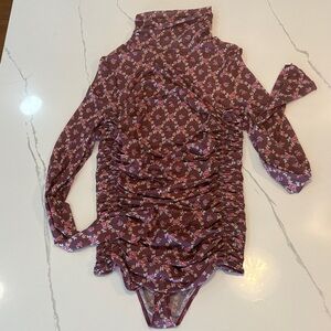 Free People Mauve Floral Long Sleeve Ruched Bodysuit